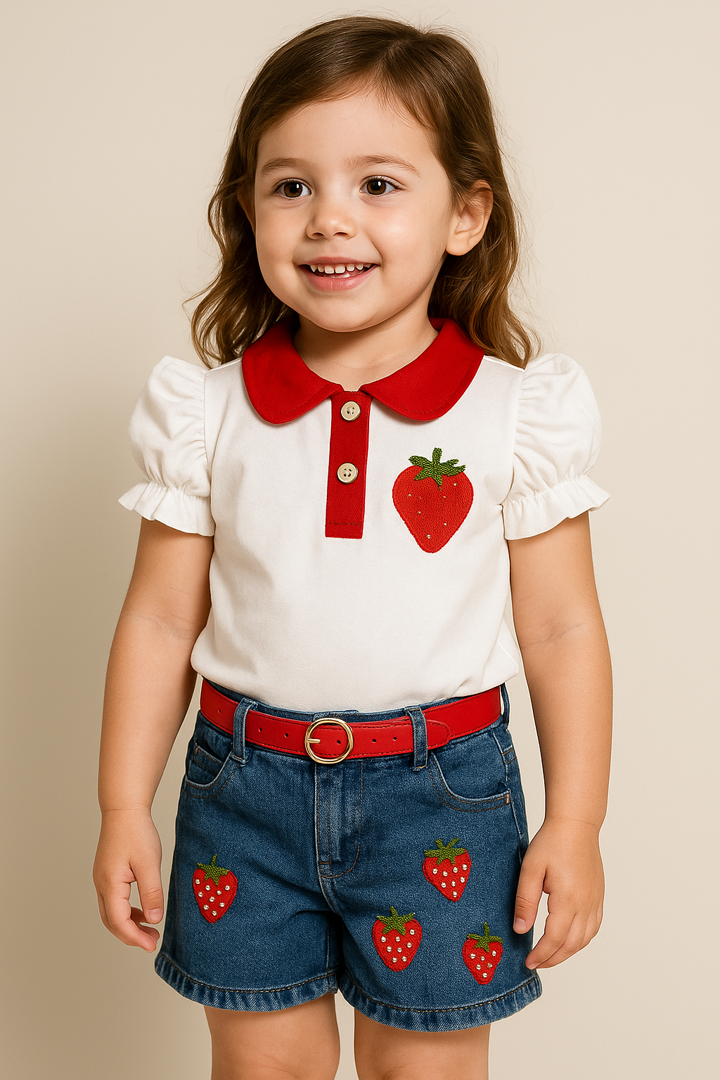2 piece strawberry shirt with danim shorts